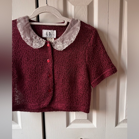Vintage Coastal Granny Knit Cardigan Burgundy White Mesh and Embroidered Collar - Picture 7 of 11